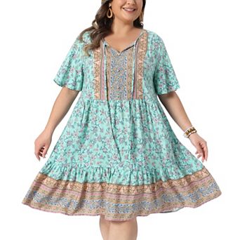 Women's Plus Size Summer Boho Floral Dresses Tie Crew Neck Short Sleeve Midi Sun Dress Beach Flowy