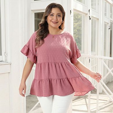 Women's Plus Size Summer Tops Round Neck Ruffle Short Sleeve Tiered Swiss Dots Blouses
