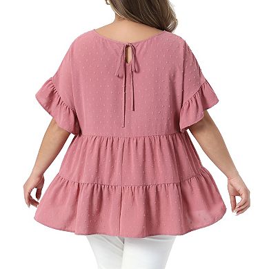 Women's Plus Size Summer Tops Round Neck Ruffle Short Sleeve Tiered Swiss Dots Blouses