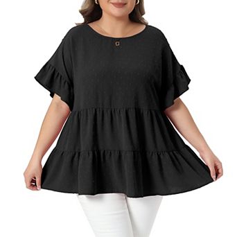 Women's Plus Size Summer Tops Round Neck Ruffle Short Sleeve Tiered Swiss Dots Blouses