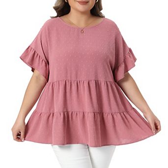 Women's Plus Size Summer Tops Round Neck Ruffle Short Sleeve Tiered Swiss Dots Blouses