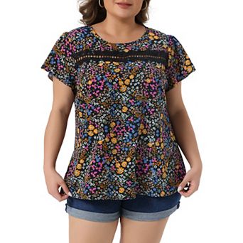 Women's Plus Size Top Crew Neck Short Sleeve Front Lace Hollow Blouse Floral Summer Shirt Tops