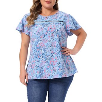 Women's Plus Size Top Crew Neck Short Sleeve Front Lace Hollow Blouse Floral Summer Shirt Tops