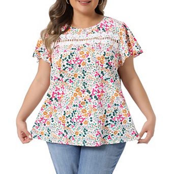Women's Plus Size Top Crew Neck Short Sleeve Front Lace Hollow Blouse Floral Summer Shirt Tops