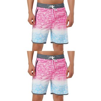 2 Packs Men's Summer Printed Drawstring Color Block Swim Beach Shorts Boardshorts