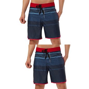 2 Packs Men's Summer Printed Drawstring Color Block Swim Beach Shorts Boardshorts