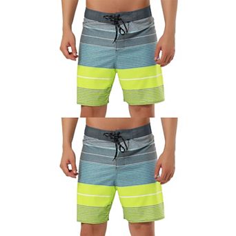 2 Packs Men's Summer Printed Drawstring Color Block Swim Beach Shorts Boardshorts