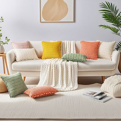 Corduroy Solid Throw Pillow Covers Set of 2 Plaid Texture Decorative Cushion with Pom-pom Edges Case