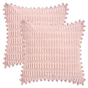 Corduroy Solid Throw Pillow Covers Set of 2 Plaid Texture Decorative Cushion with Pom-pom Edges Case