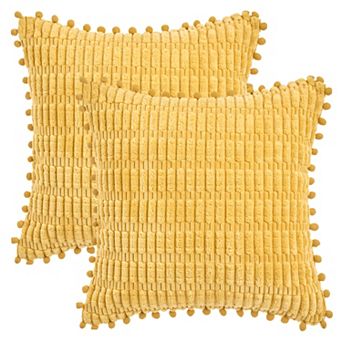 Corduroy Solid Throw Pillow Covers Set of 2 Plaid Texture Decorative Cushion with Pom-pom Edges Case