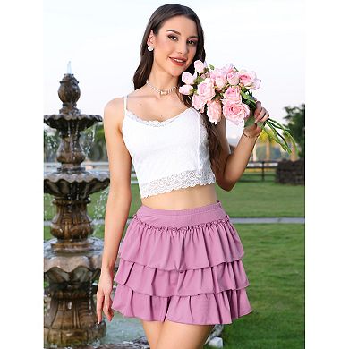 Layer Ruffle Hem Mini Skirt for Women High Waist Elastic Pleated Flowy Short Cake Skirts