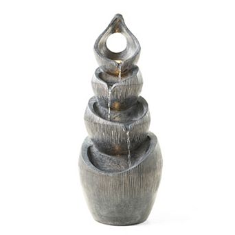 Glitzhome 4 tier d Zen-Style Outdoor Fountain, Alms Bowl Polyresin Garden Fountain, 34"H