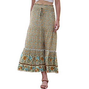 Summer Maxi Skirts for Women Bohemian Floral Print Elastic High Waist A Line Beach Skirt