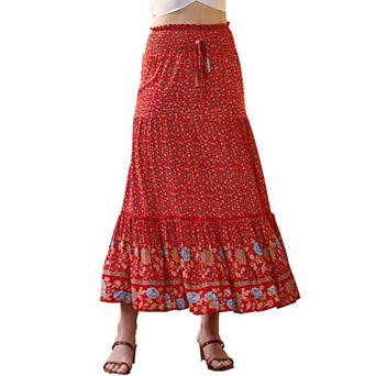 Summer Maxi Skirts for Women Bohemian Floral Print Elastic High Waist A Line Beach Skirt