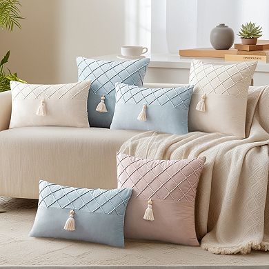 Set of 2 Diamond Pattern Throw Pillow Covers with Tassel Boho Soft Pillow Cases 12X20/18X18 Inch