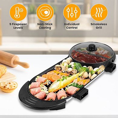 2-in-1 Electric Hot Pot & BBQ Grill 2200W, Non-Stick, Smokeless