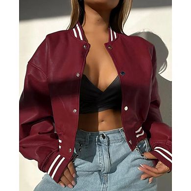 Women Causal Baseball Top Faux Leather Snap Button Jackets