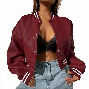 Women Causal Baseball Top Faux Leather Snap Button Jackets