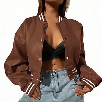 Women Causal Baseball Top Faux Leather Snap Button Jackets
