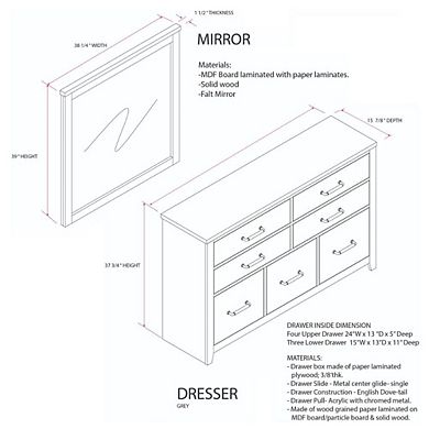 Kings Brand Furniture Harmony Wood 5-Drawer Dresser with Mirror