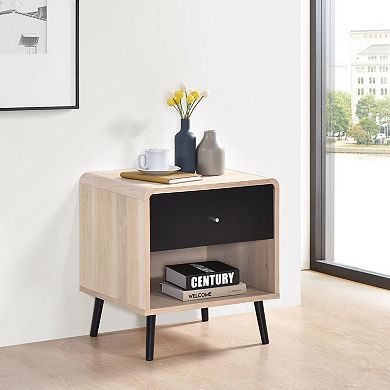 Kings Brand Furniture Nathan Side End Table with Drawer Open Shelf, Bedroom Bedside Nightstand