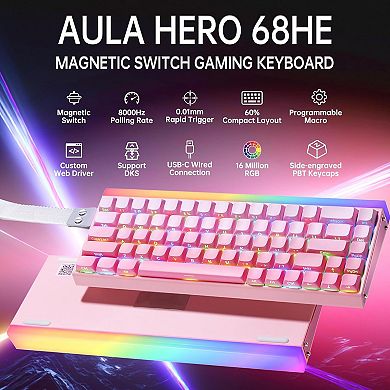 AULA Hero68 HE 60-Key Wired Hall Effect, Gaming, RGB, Rapid Trigger & Response, Adjustable Actuation