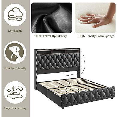 Full/Queen/King Size Platform Upholstered Bed Frame - 50.8in Tall Headboard, 4 Storage Drawers