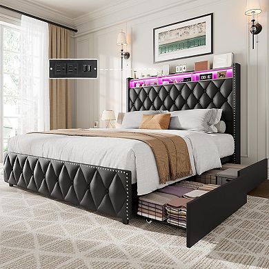 Full/Queen/King Size Platform Upholstered Bed Frame - 50.8in Tall Headboard, 4 Storage Drawers
