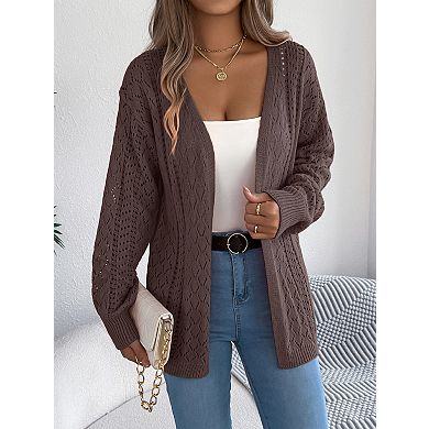 Women's Hollow Knit Lantern Sleeve Cardigan Mid-Length Open Front Casual Sweater Coat​