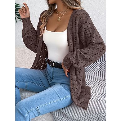 Women's Hollow Knit Lantern Sleeve Cardigan Mid-Length Open Front Casual Sweater Coat​