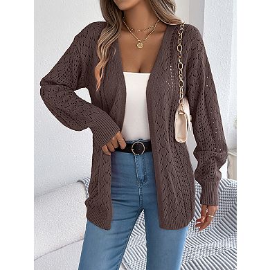 Women's Hollow Knit Lantern Sleeve Cardigan Mid-Length Open Front Casual Sweater Coat​