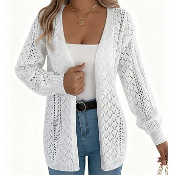 Women's Hollow Knit Lantern Sleeve Cardigan Mid-Length Open Front Casual Sweater Coat​