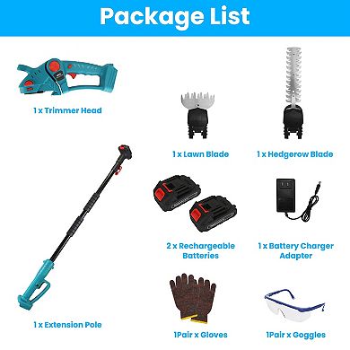 Cordless Pole Hedge Trimmer & Grass Shear, 90° Head, Extension Pole, 2 Batteries