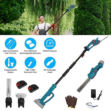 Cordless Pole Hedge Trimmer & Grass Shear, 90° Head, Extension Pole, 2 Batteries