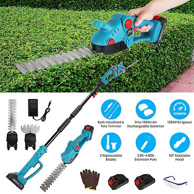 Cordless Pole Hedge Trimmer & Grass Shear, 90° Head, Extension Pole, 2 Batteries