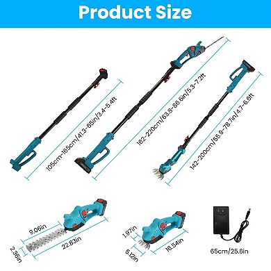 Cordless Pole Hedge Trimmer & Grass Shear, 90° Head, Extension Pole, 2 Batteries