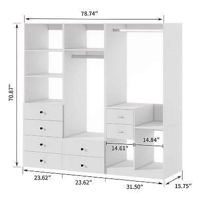 Closet System, Closet Organizer System with 8 Drawers and 2 Hanging Rails,White