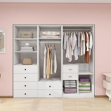 Closet System, Closet Organizer System with 8 Drawers and 2 Hanging Rails,White