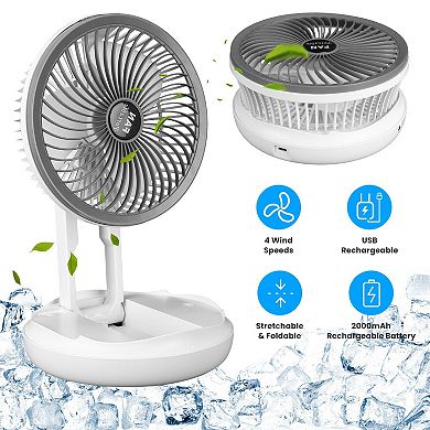All-in-1 Folding USB Desk Fan Small Stretchable, 4 Speeds, Desktop/Wall Mount for Home & Travel