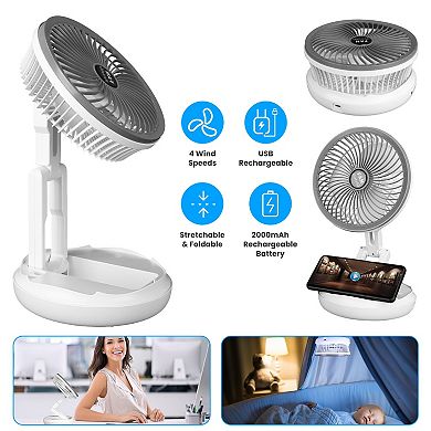All-in-1 Folding USB Desk Fan Small Stretchable, 4 Speeds, Desktop/Wall Mount for Home & Travel