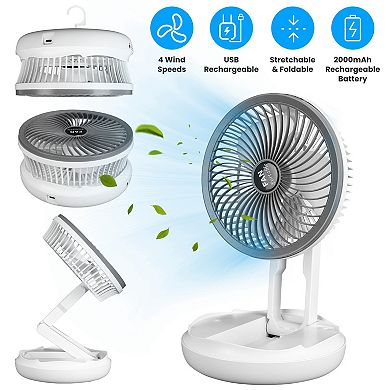 All-in-1 Folding USB Desk Fan Small Stretchable, 4 Speeds, Desktop/Wall Mount for Home & Travel