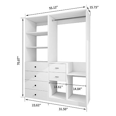 Closet System, Walk in Closet with 6 Drawers and Hanging Rail, Storage for Bedroom