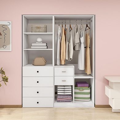 Closet System, Walk in Closet with 6 Drawers and Hanging Rail, Storage for Bedroom