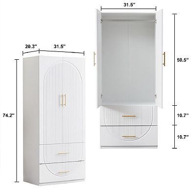 Tall 2 Doors Wardrobe Closet 2 Drawers Wood Bedroom Closet Wardrobe Armoire Cabinet
