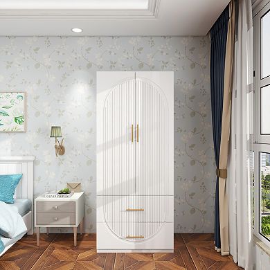 Tall 2 Doors Wardrobe Closet 2 Drawers Wood Bedroom Closet Wardrobe Armoire Cabinet
