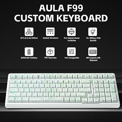 AULA F99, 99-Key, Wireless, Hot Swappable, Mechanical Gaming, RGB, 5-Layer Padding, 8000mAh Battery