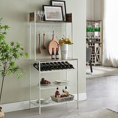 Kings Brand Furniture - Red Tile Bakers Rack with 9 Wine Bottle Capacity Rack & 8 Hooks