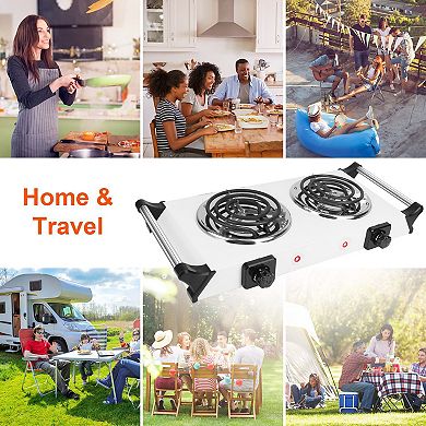 2000W Electric Dual Burner Hot Plate, Portable Coil Stove with 5 Temp Settings & Handles