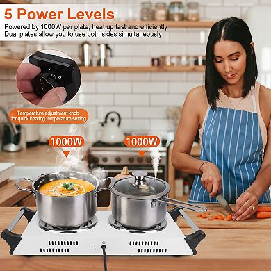 2000W Electric Dual Burner Hot Plate, Portable Coil Stove with 5 Temp Settings & Handles