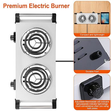2000W Electric Dual Burner Hot Plate, Portable Coil Stove with 5 Temp Settings & Handles